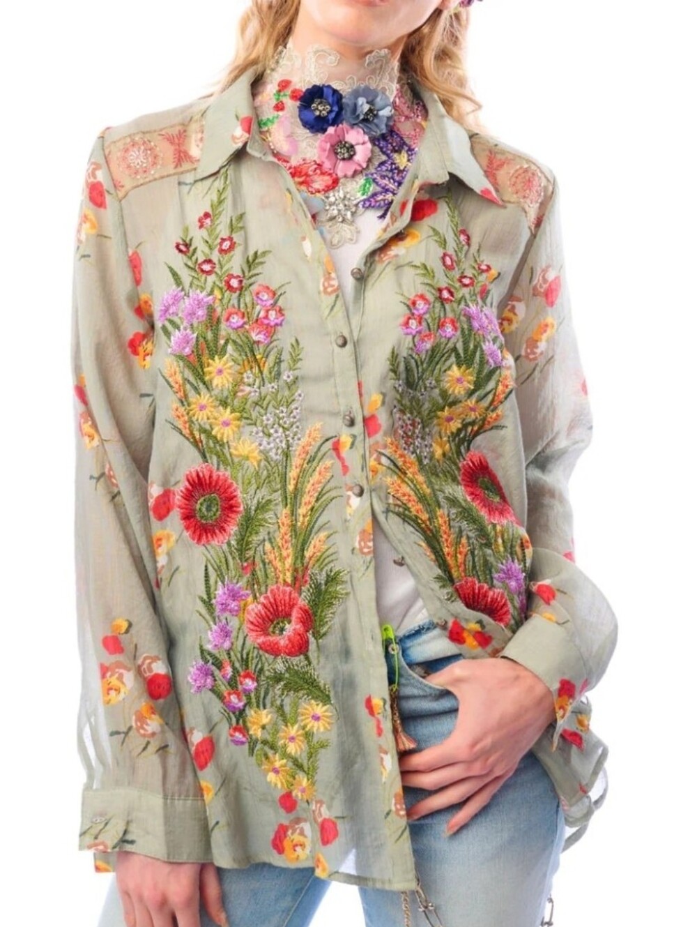 NWT Aratta Mia Grace Shirt Floral Embroidered Button-Upbin Light Olive Small
